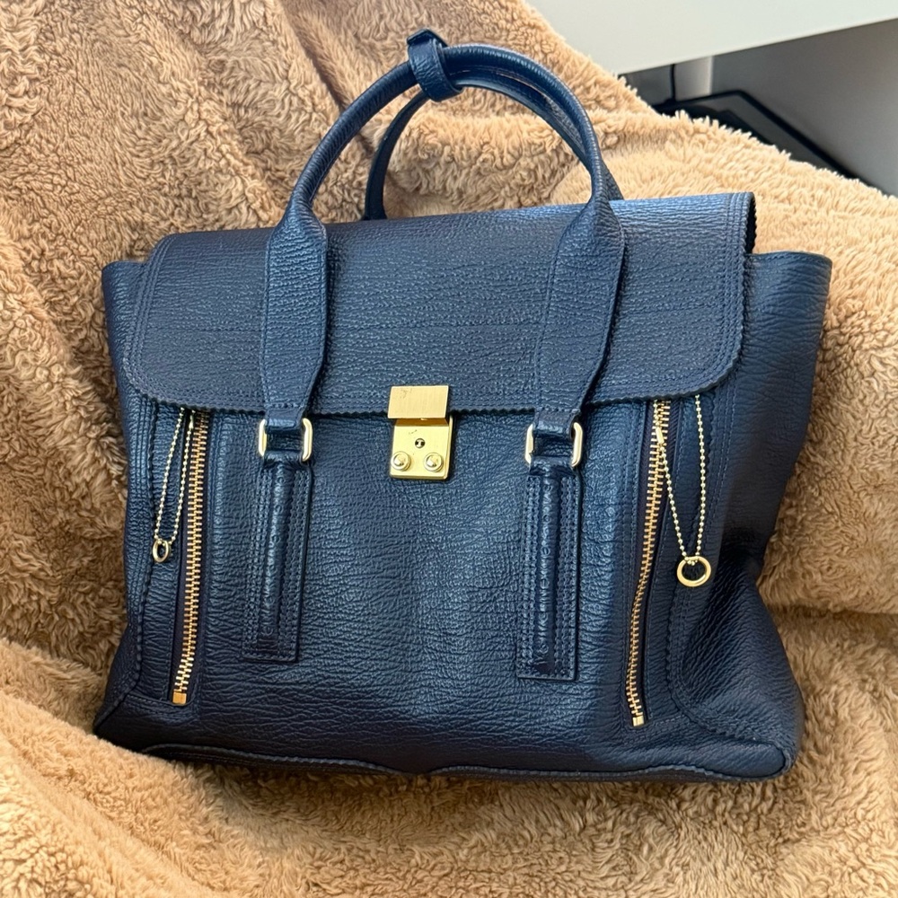 3.1 Phillip Lim Navy Satchel with Gold Accents